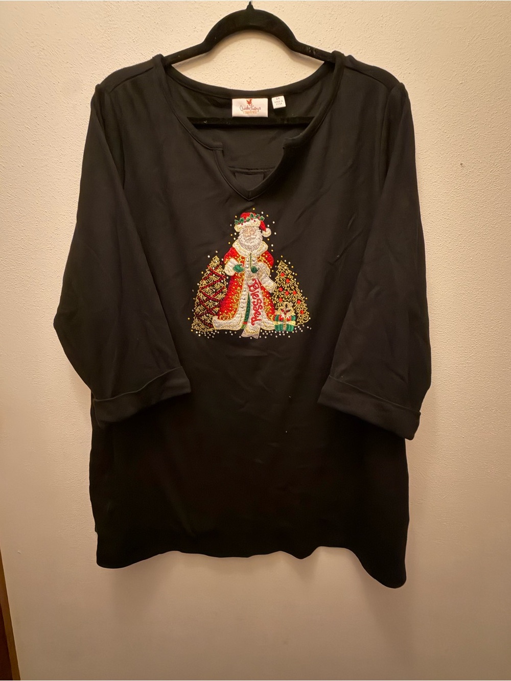 Beaded Holiday Santa Black Tunic Top